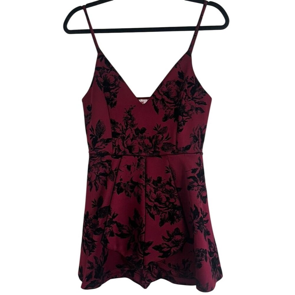 Romantic Floral Velour Tank Ruffle Romper Red L Whimsical Feminine Chic Glam 80s